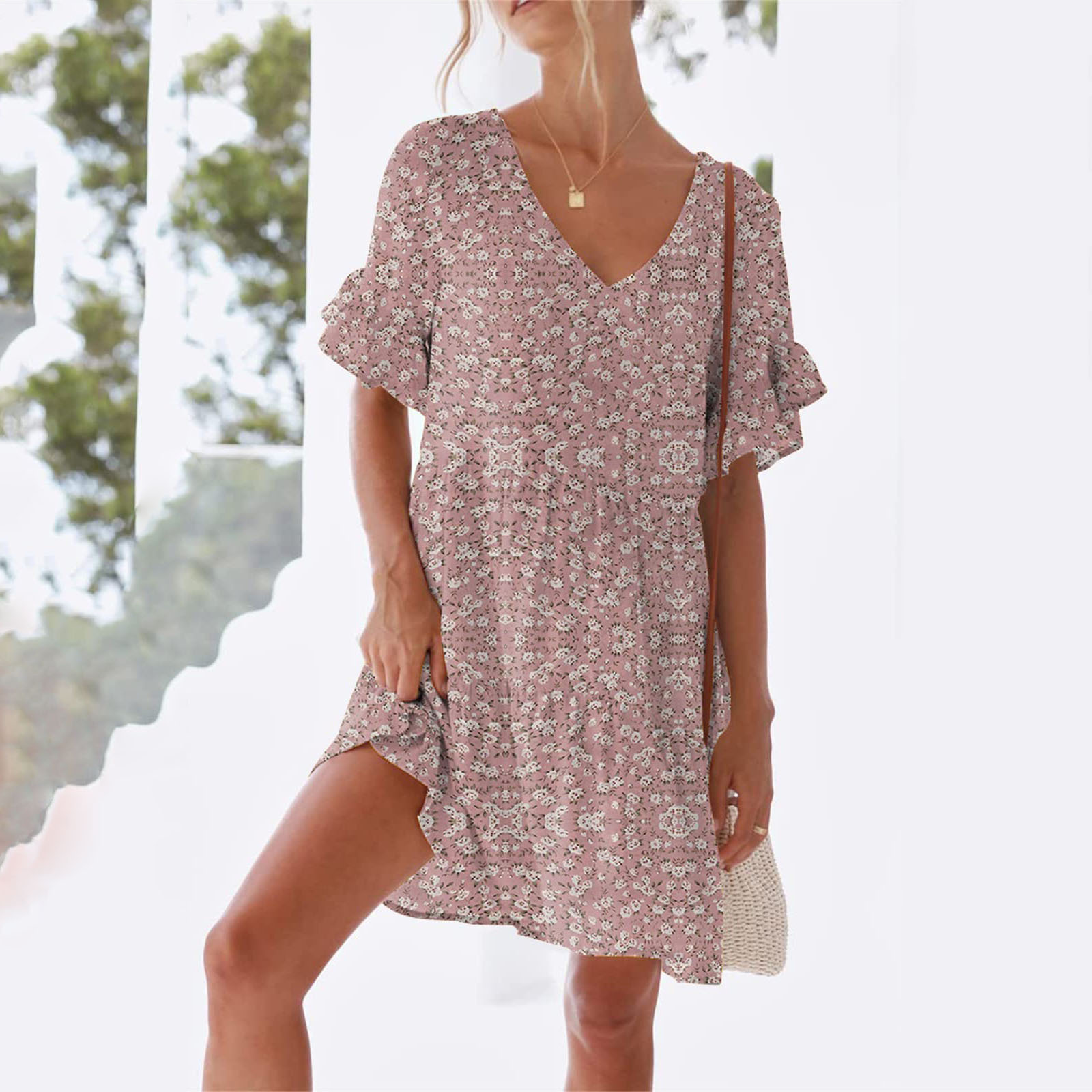 Women's 2025 Summer V-Neck Ruffle Short Sleeve Dress Sweet Cute Floral Print Loose Fit Lightweight Beach Sundress A Line Tiered Flowy Casual Trendy Mini Dress with Pockets