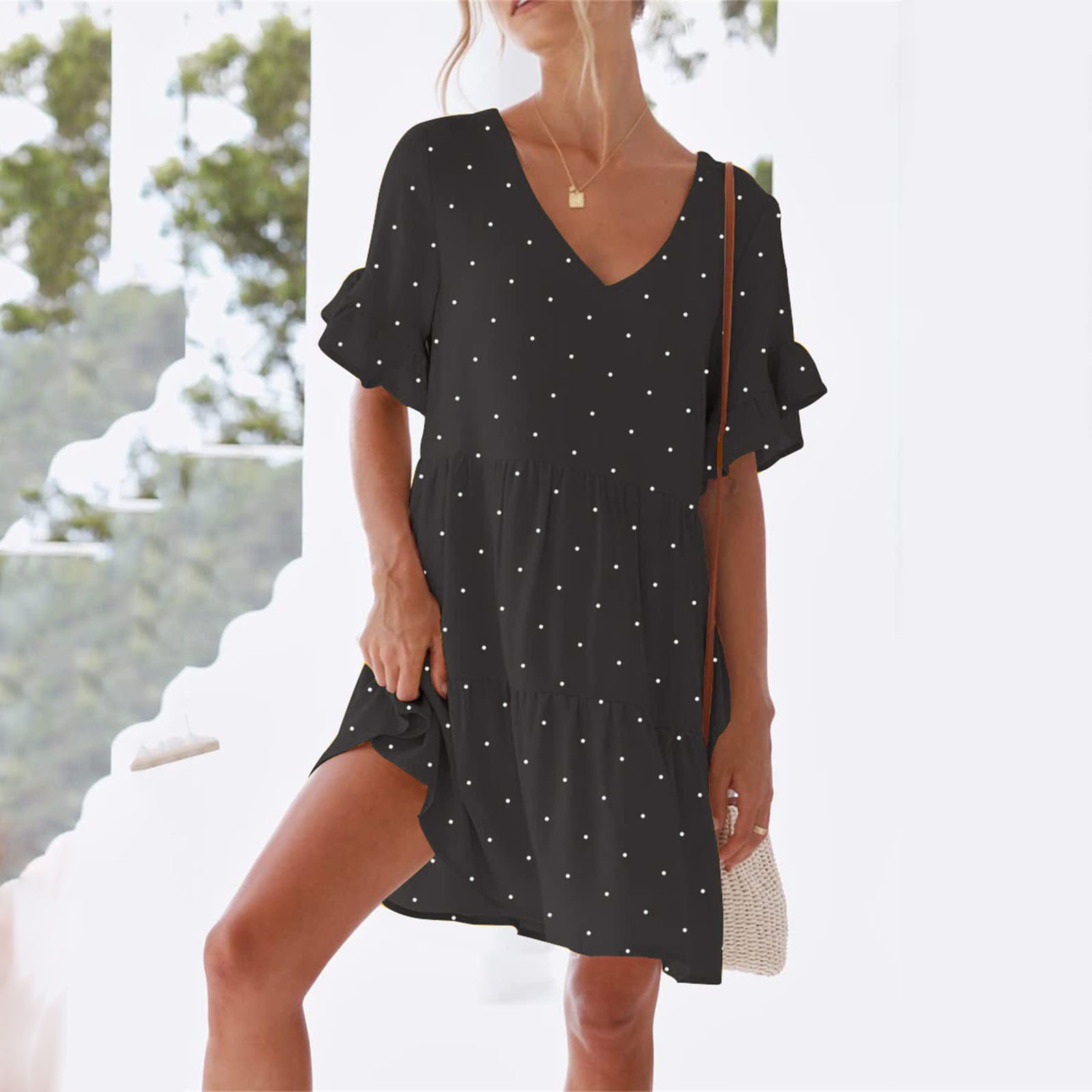 Women's 2025 Summer V-Neck Ruffle Short Sleeve Dress Sweet Cute Floral Print Loose Fit Lightweight Beach Sundress A Line Tiered Flowy Casual Trendy Mini Dress with Pockets