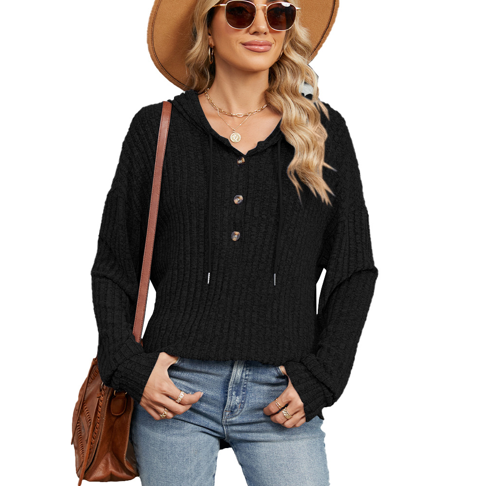 New Arrival Women's Solid Color Hooded Button-Down Loose-Fit Long-Sleeve Sweatshir