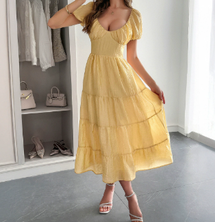 Women's Casual Summer Outfit Fashionable Puff Sleeve Floor-Length Bohemian Beach Dress Elegant Party Gown