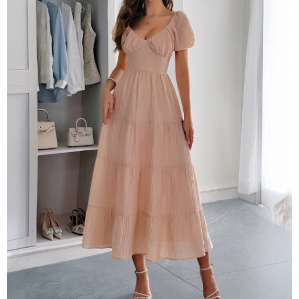 Women's Casual Summer Outfit Fashionable Puff Sleeve Floor-Length Bohemian Beach Dress Elegant Party Gown