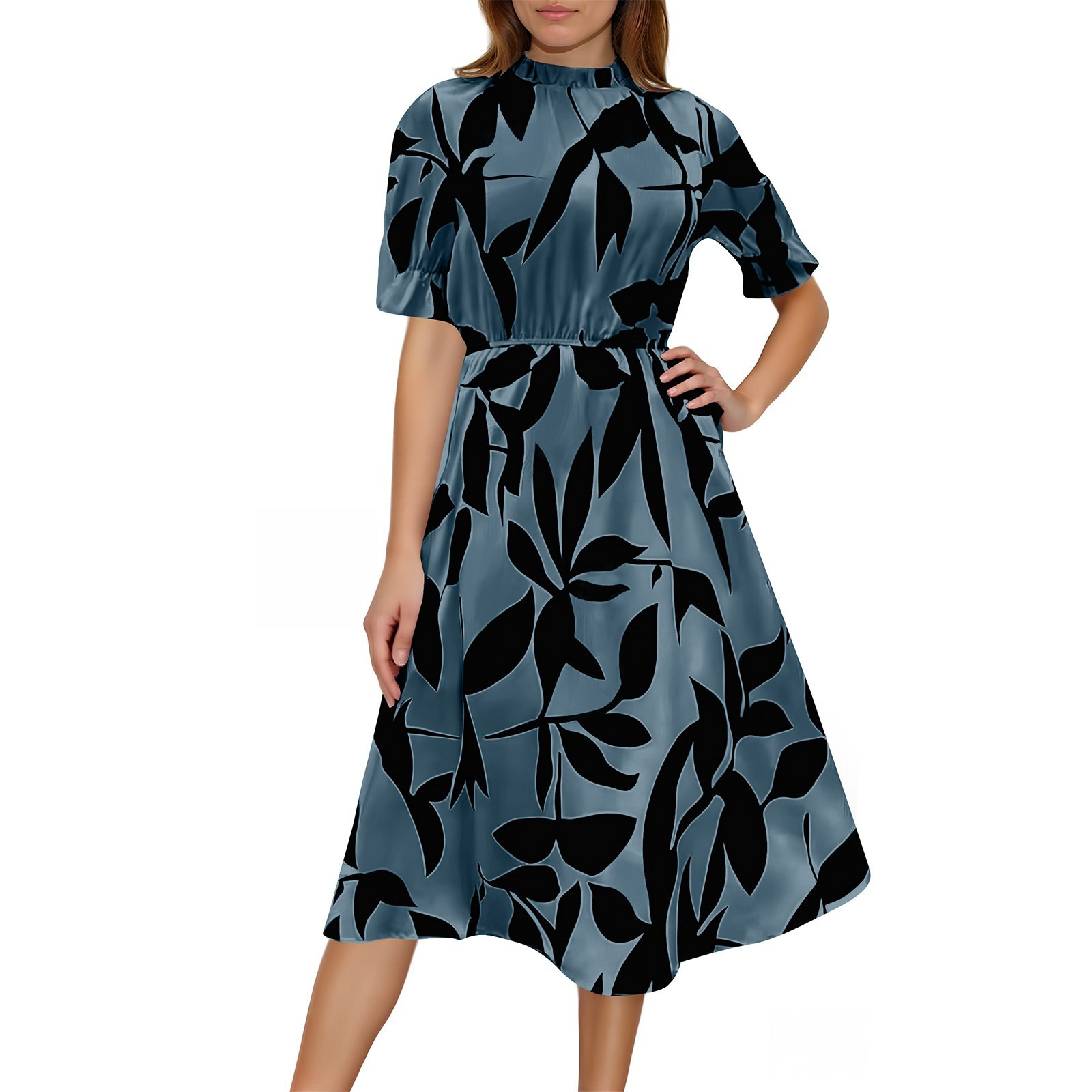 Women's Floral Print Short-Sleeve Dress with Ruffled Stand Collar Elegant Flared A-Line Party Dress