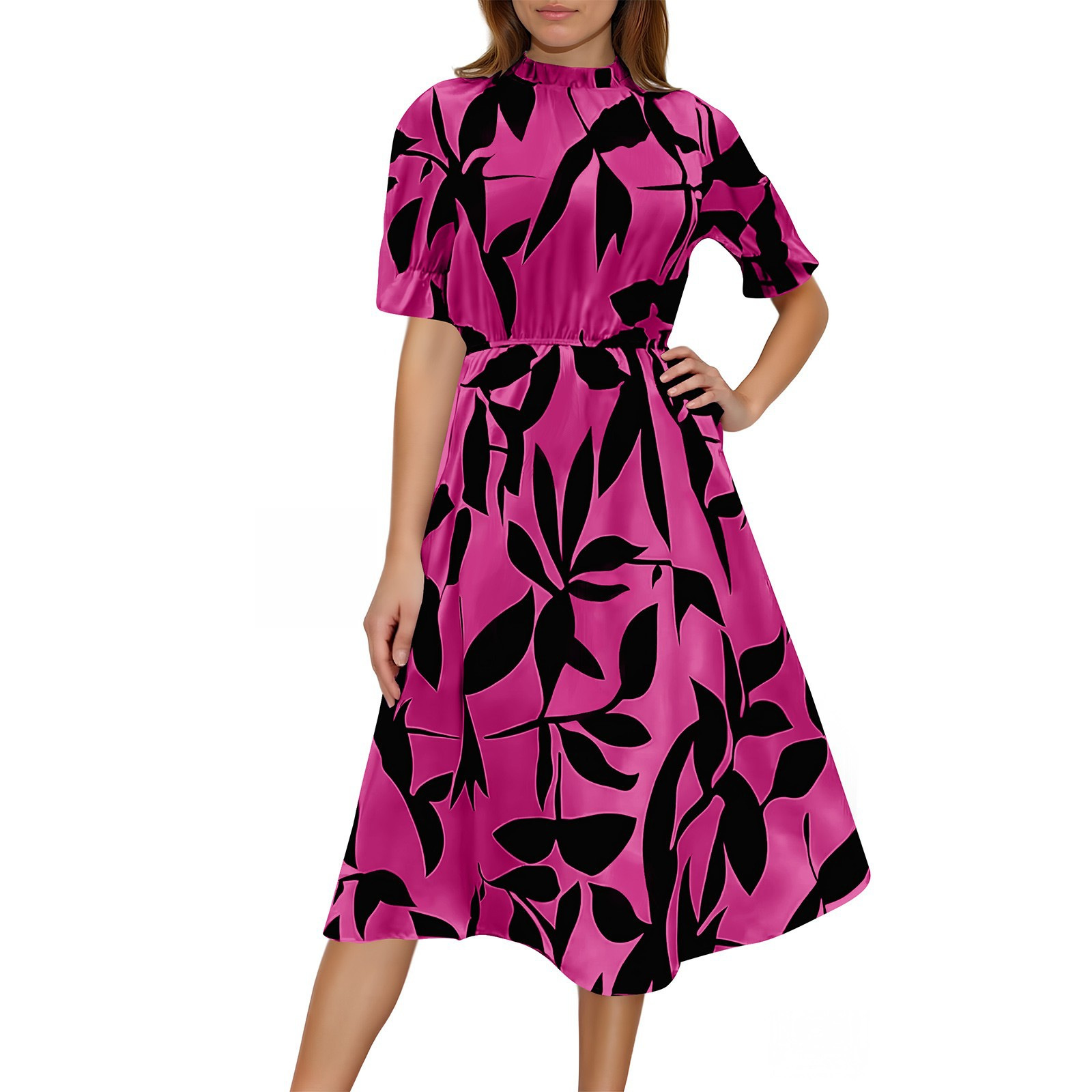 Women's Floral Print Short-Sleeve Dress with Ruffled Stand Collar Elegant Flared A-Line Party Dress