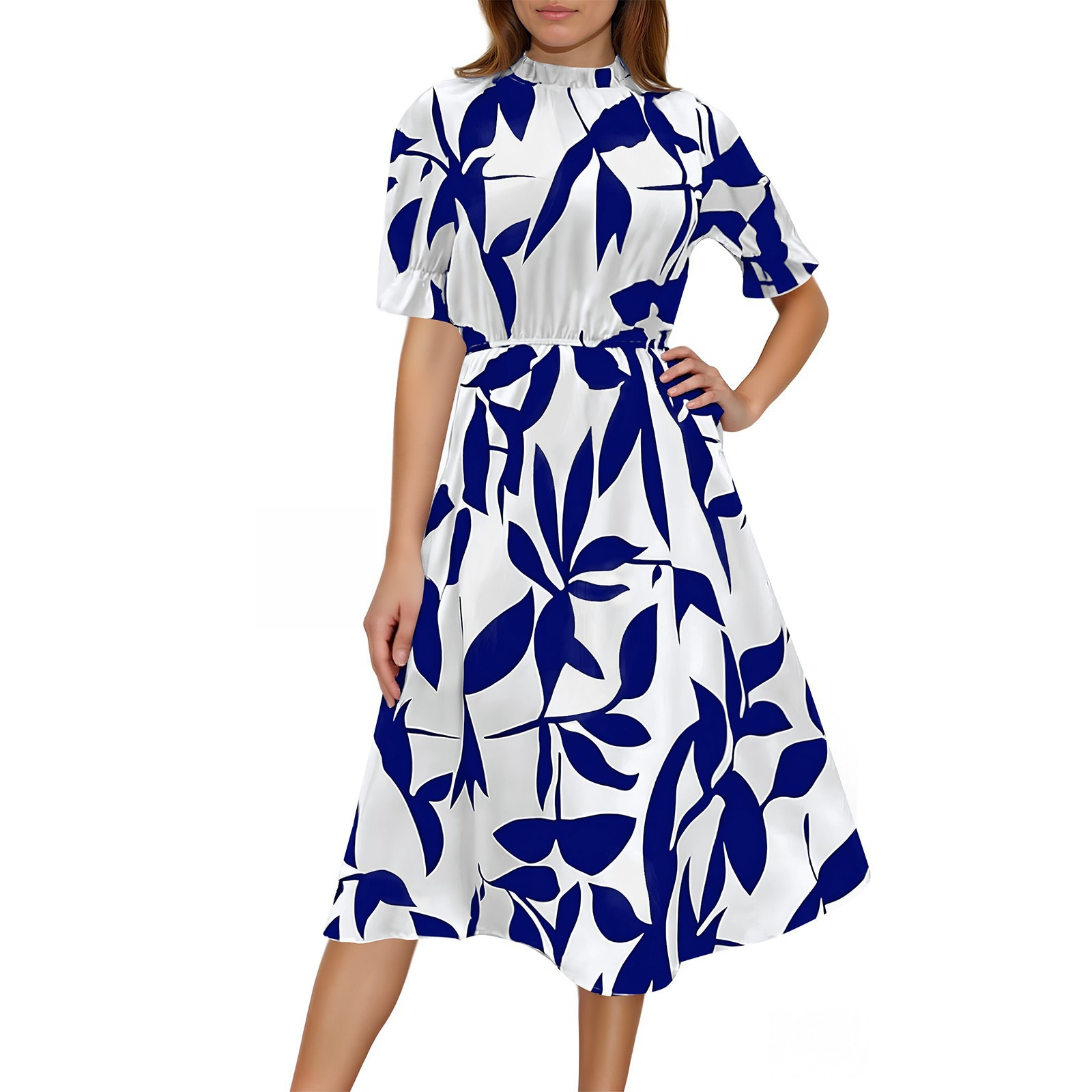 花边立领气质印花短袖大摆连衣裙