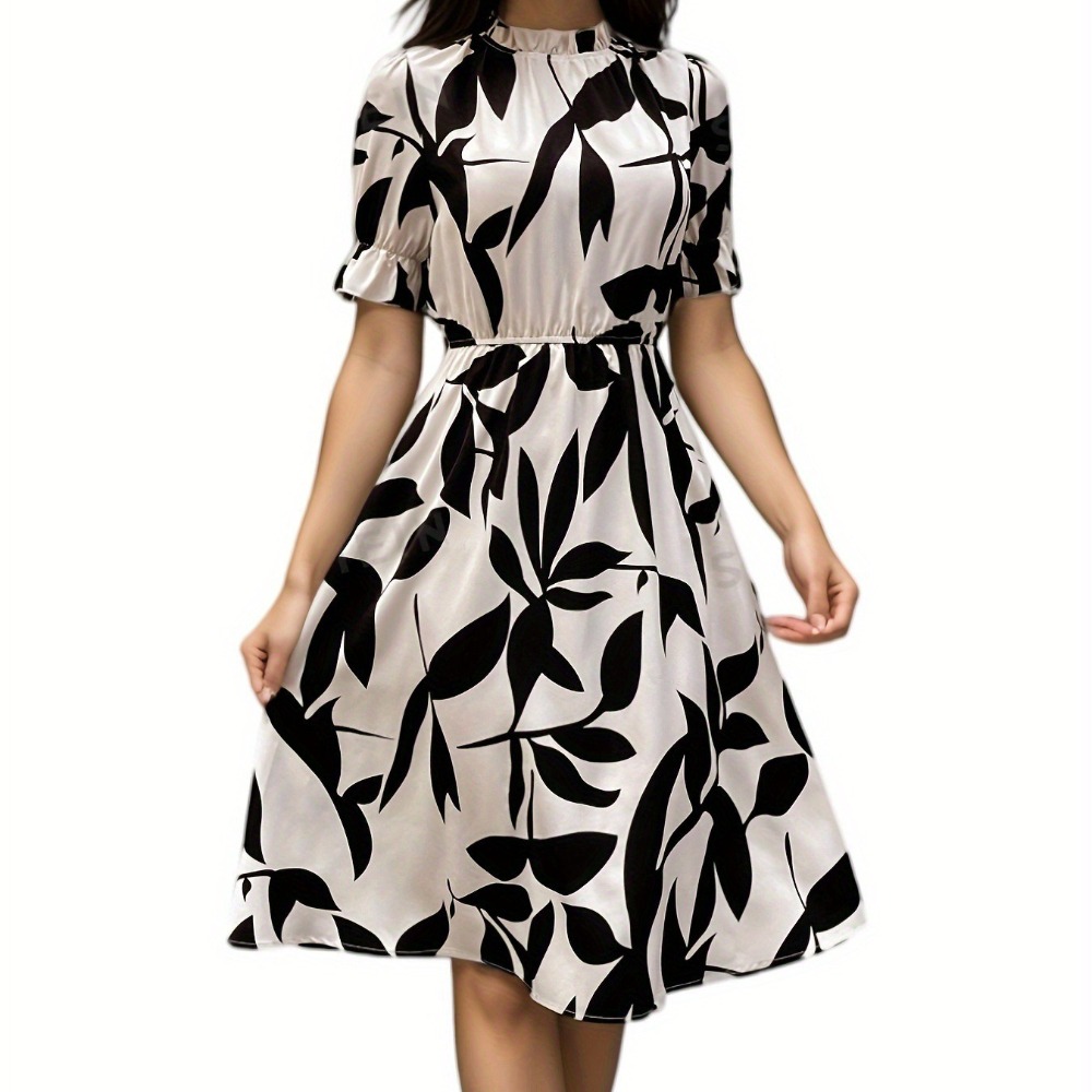 Women's Floral Print Short-Sleeve Dress with Ruffled Stand Collar Elegant Flared A-Line Party Dress