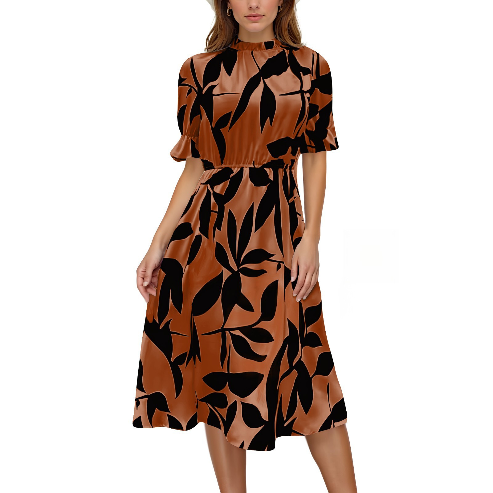 Women's Floral Print Short-Sleeve Dress with Ruffled Stand Collar Elegant Flared A-Line Party Dress