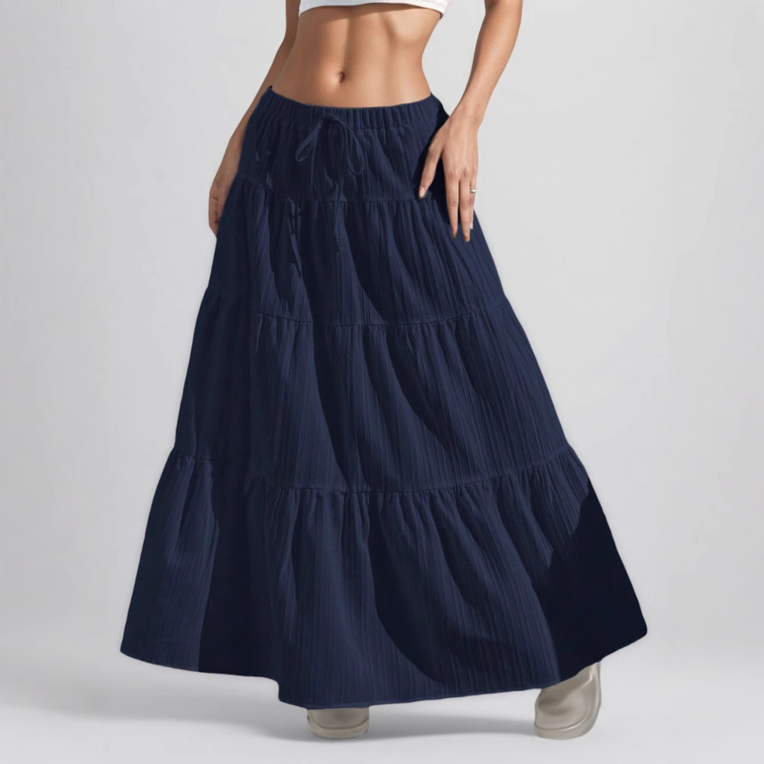 Women's Elegant Solid Color Drawstring Skirt Loose-Fit Flowy Long Multi-layered Summer Women's Skirt With Inner Lining