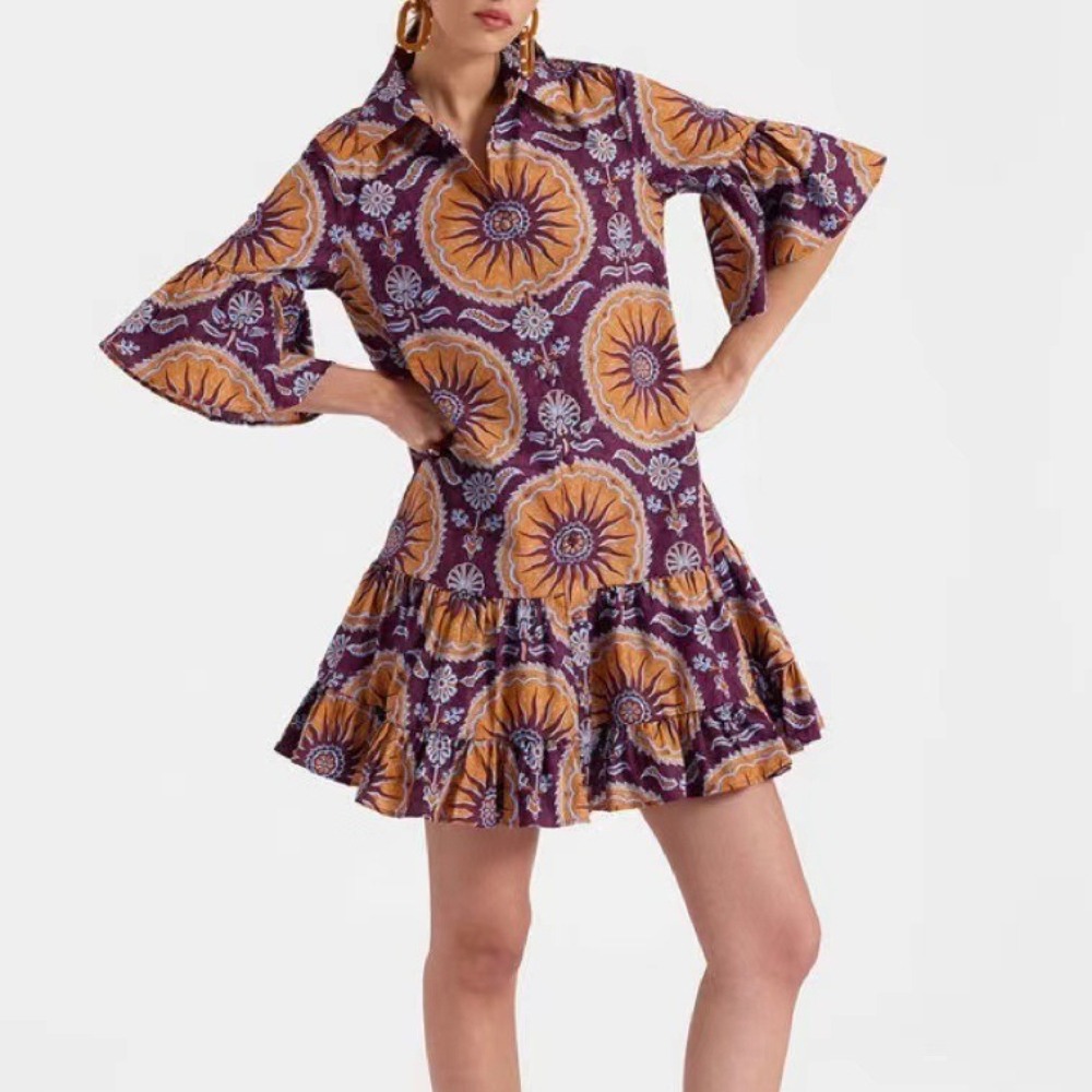 Women's Fashionable Bell-Sleeve Printed Loose-Fit Casual Dress Trendy Boho-Chic Flowy Dress