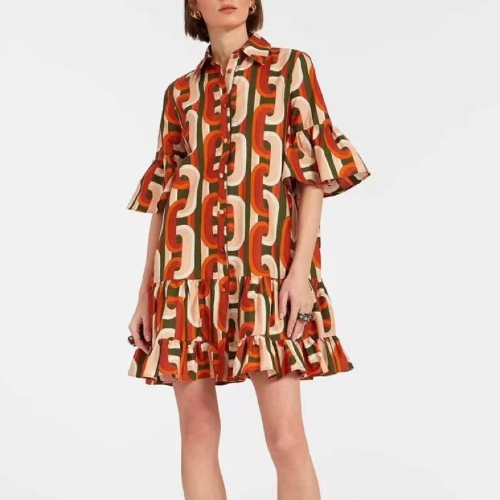 Women's Fashionable Bell-Sleeve Printed Loose-Fit Casual Dress Trendy Boho-Chic Flowy Dress