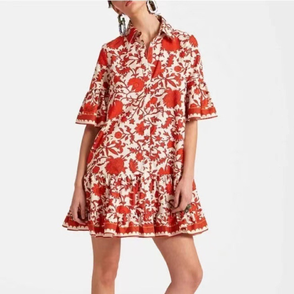Women's Fashionable Bell-Sleeve Printed Loose-Fit Casual Dress Trendy Boho-Chic Flowy Dress
