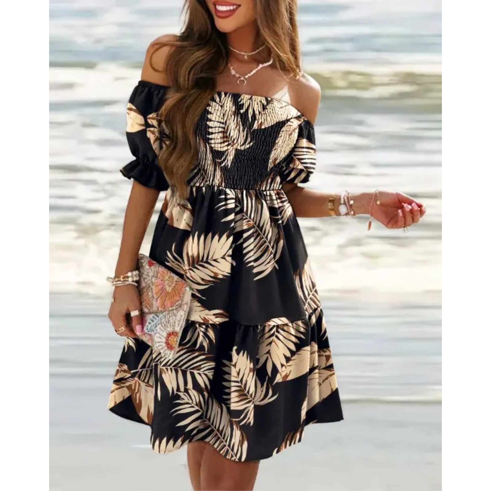 Women's Off-Shoulder Puff Sleeve Dress Ruched Waist Floral Print Short Sleeve Beach Sundress Lightweight Polyester Vacation Outfit