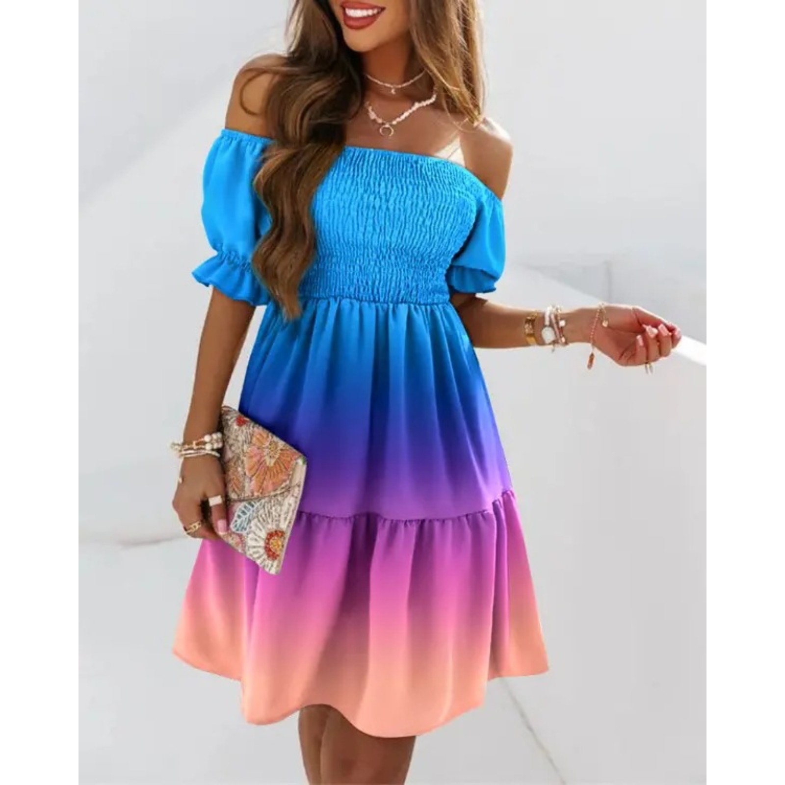 Women's Off-Shoulder Puff Sleeve Dress Ruched Waist Floral Print Short Sleeve Beach Sundress Lightweight Polyester Vacation Outfit