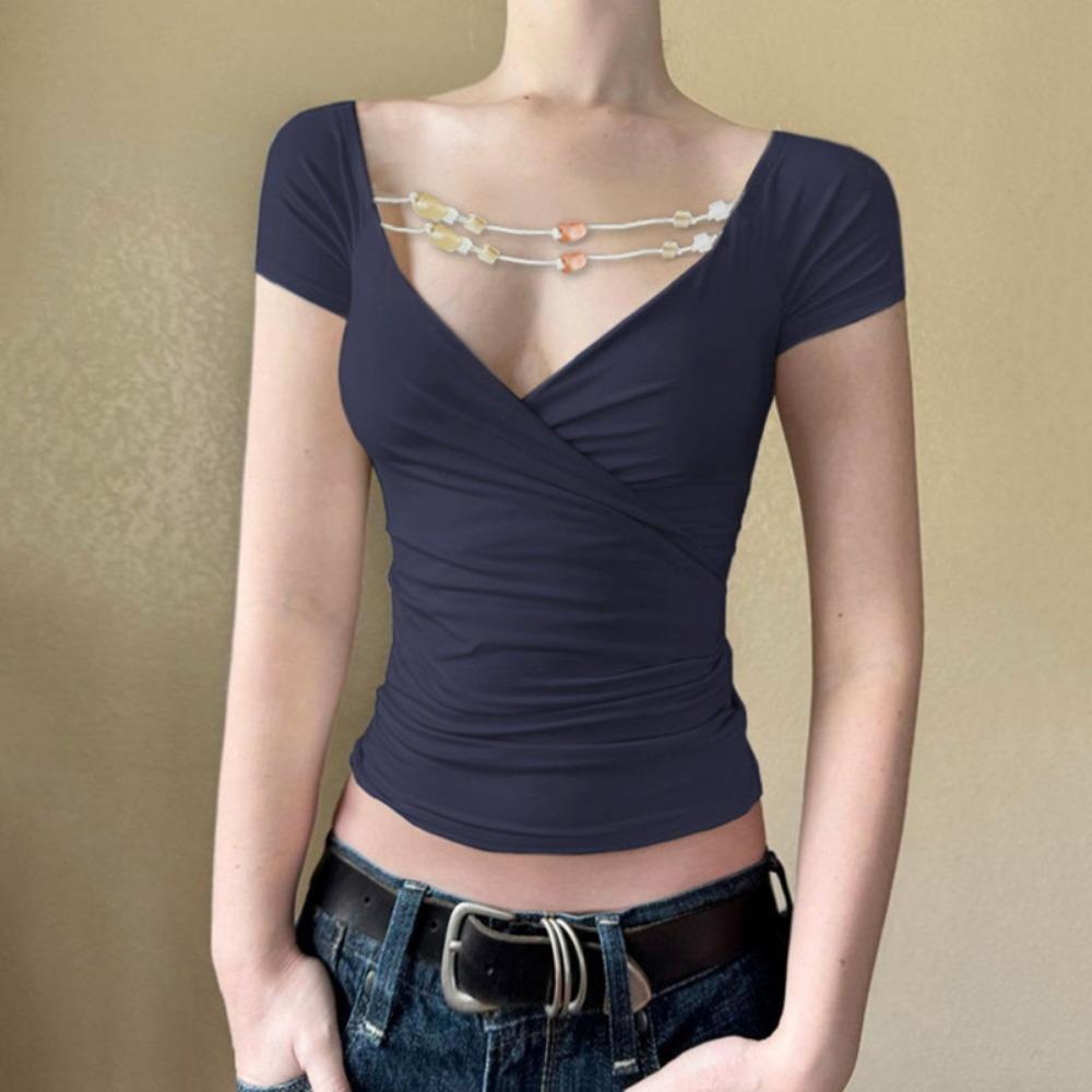 Women's Sexy Twist Front V Neck T Shirts Double Lined Short Sleeve Slim Fit Crop Top Trendy Y2K Tops Tee