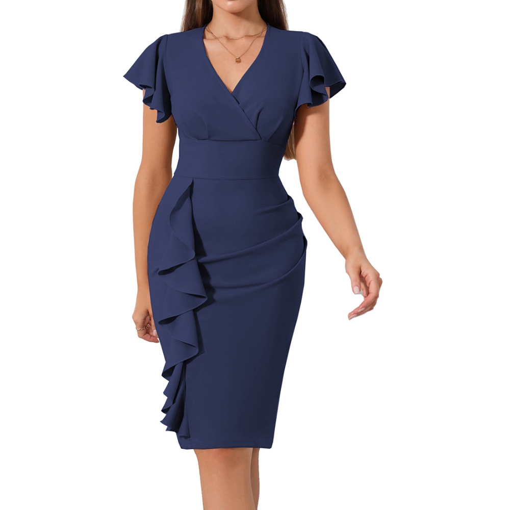 跨境亚马逊独立站2025欧美V领褶皱优雅职业包臀裙礼服连衣裙 女式