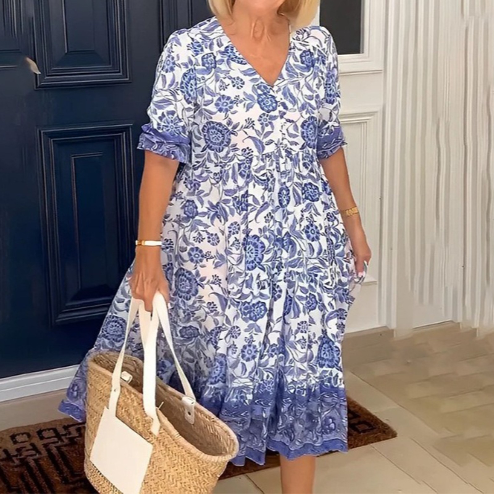 Women's Floral Print Maxi Dress Loose Fit Long Sleeve Office Wear Tie-Dye Pattern Polyester Casual Tunic Dress Plus Size Available