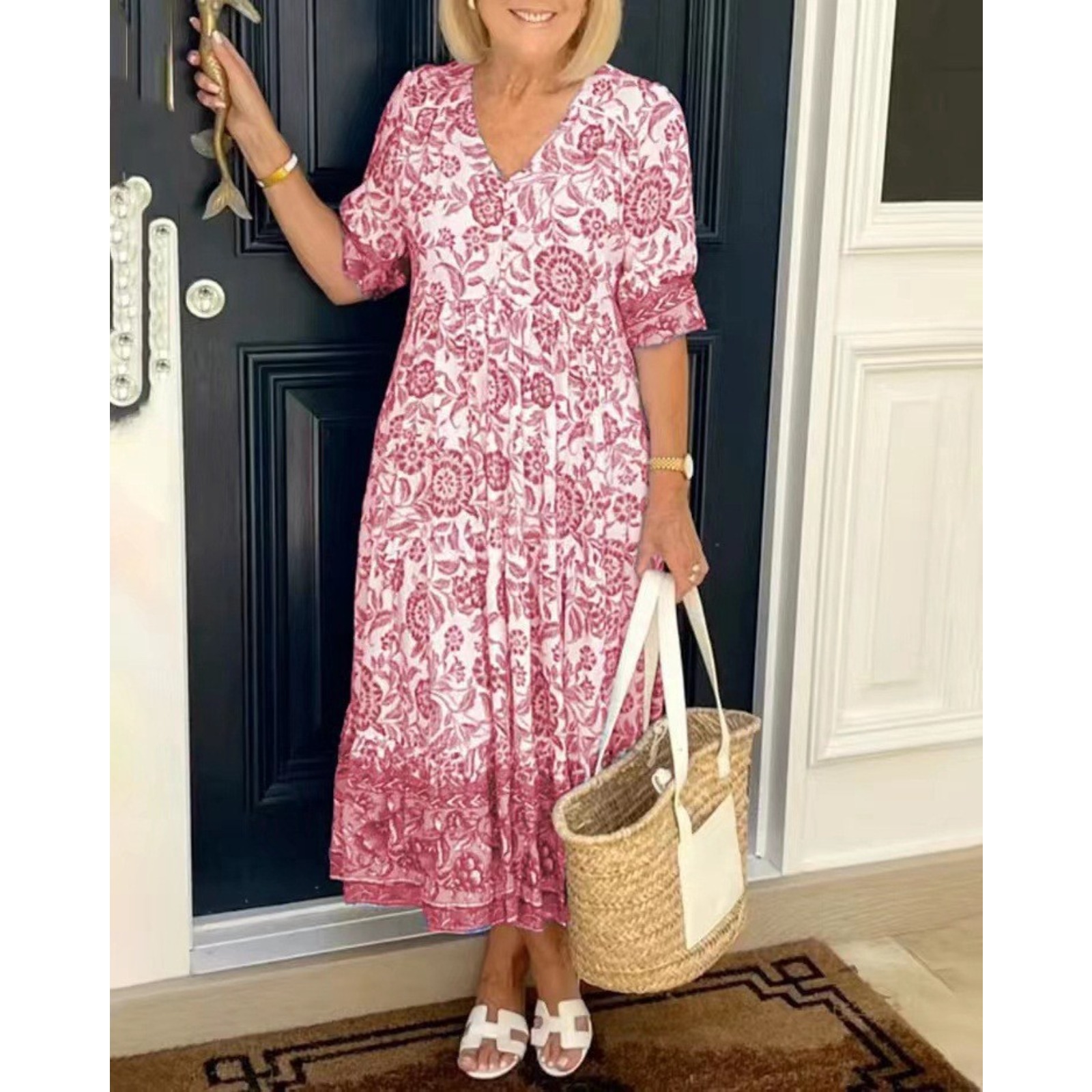 气质通勤长款碎花扎染印花大码宽松百搭连衣裙女