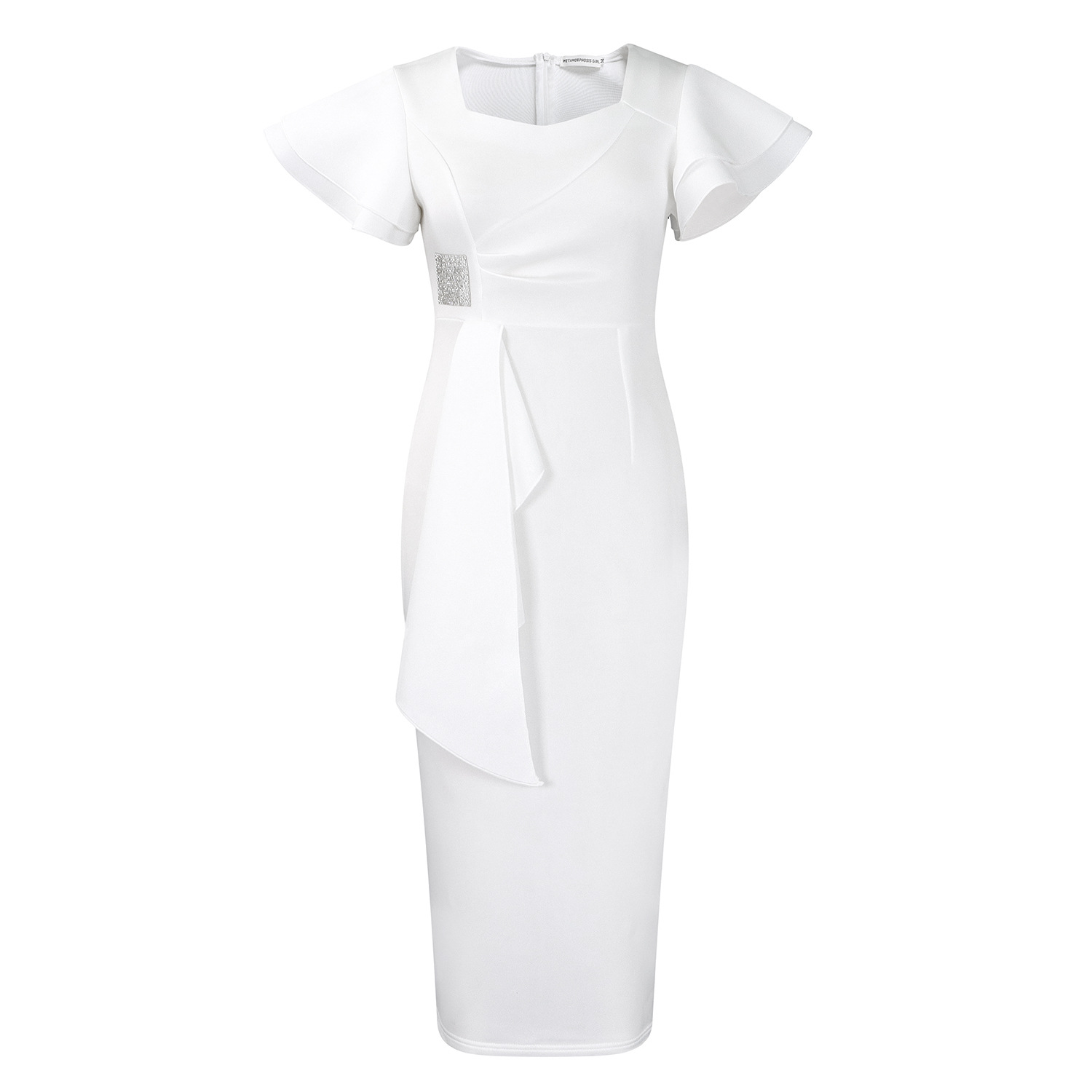 Women's Summer Trendy Elegant Solid Color Ruffle Bodycon Dress Vintage Church Ruffled Short Sleeve Slim Fit Midi Dresses for Office Work, Cocktail Parties & Wedding 