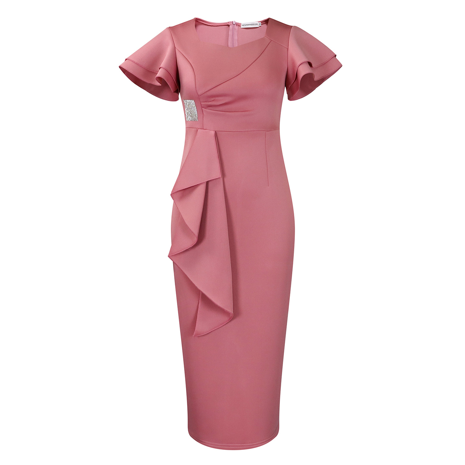 Women's Summer Trendy Elegant Solid Color Ruffle Bodycon Dress Vintage Church Ruffled Short Sleeve Slim Fit Midi Dresses for Office Work, Cocktail Parties & Wedding 