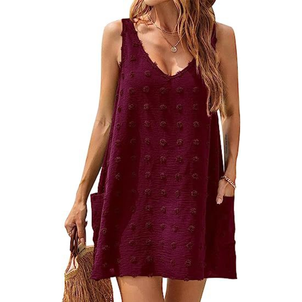 Women's Summer Casual Loose Swiss Dot Beach Cover Up - Sleeveless V-Neck Tank Top Lightweight A-line Sundress with Pocket Breezy Swimsuit Outerwear for Pool, Party & Vacation       