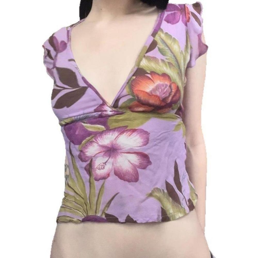 Women's Y2K Floral Sweetheart Ruched Tee Top Short Sleeve Slim Fit See Through Mesh Crop Tops