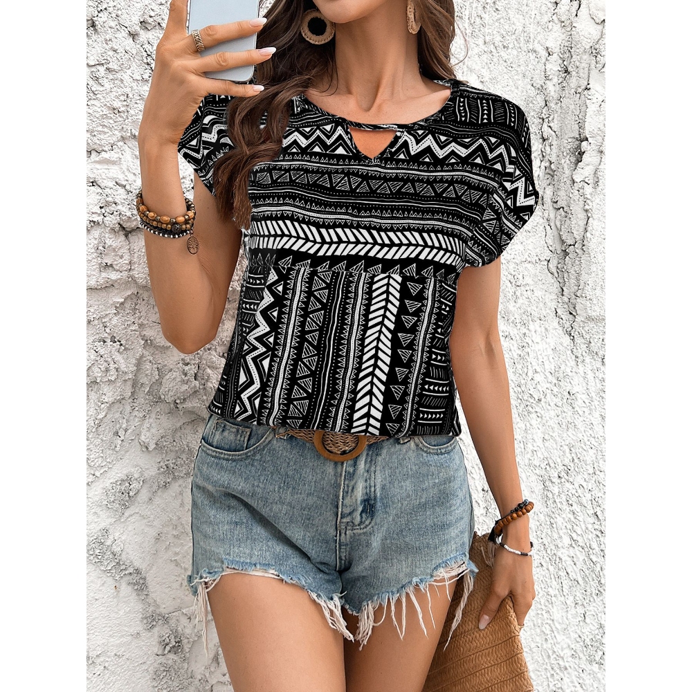 跨境热销新款女装 2025亚马逊欧美几何图案外贸圆领短袖衬衣上衣