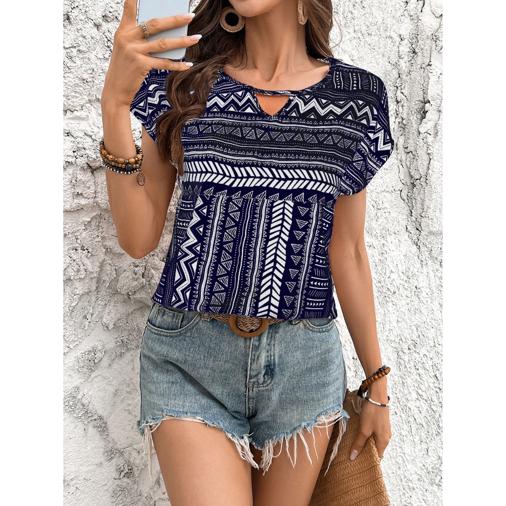 Women's 2025 Summer Round Neck Short Sleeve Geometric Patterns Blouse Casual Boho Loose Fit Cap Sleeve Top for Daily, Office Casual & Weekend Wear