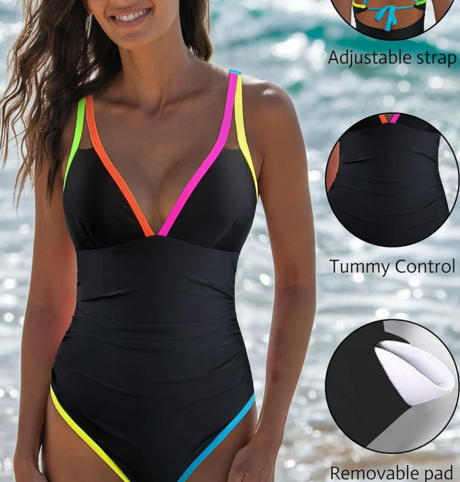 女性单件2025腹部控制泳衣霓虹色块泳装深V领修身泳衣