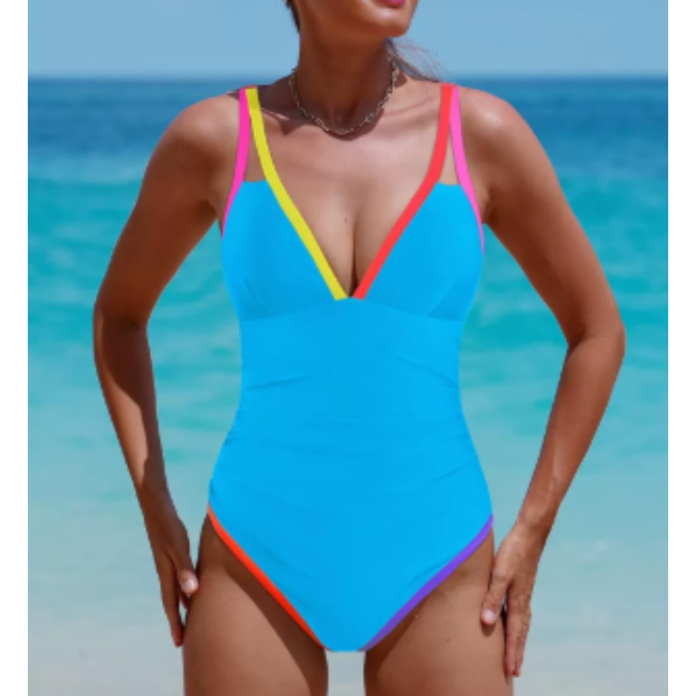 女性单件2025腹部控制泳衣霓虹色块泳装深V领修身泳衣