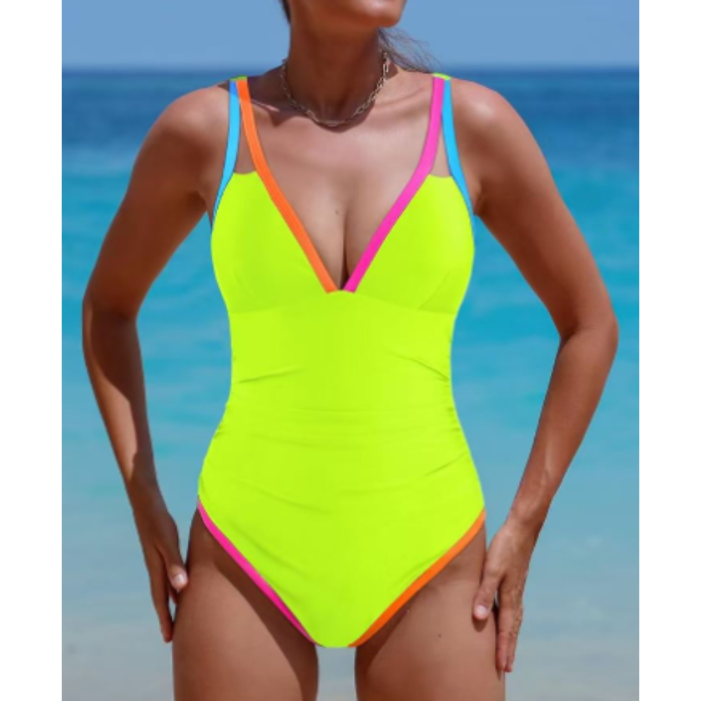 女性单件2025腹部控制泳衣霓虹色块泳装深V领修身泳衣