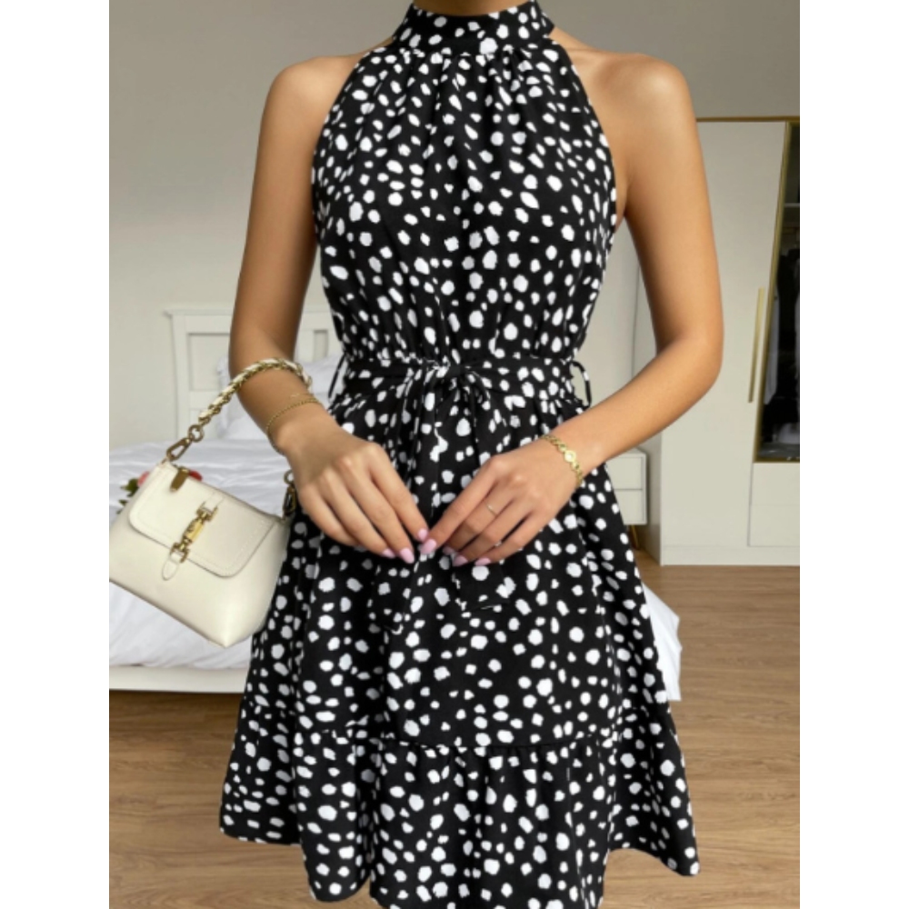 Women's 2025 Summer Casual Sleeveless Vest Dress - Polka Dot Halter Tie Frill Hem A-Line Mini Dress