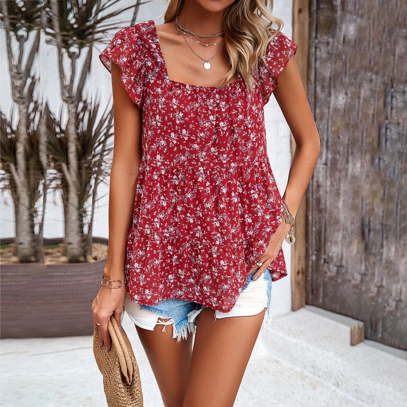 Women's Summer Ruffle Straps Square Neck Top Floral Print Chiffon Dressy Blouses Business Casual Loose Fit Tunic Resort to Street Wear Lightweight Breathable Shirts 