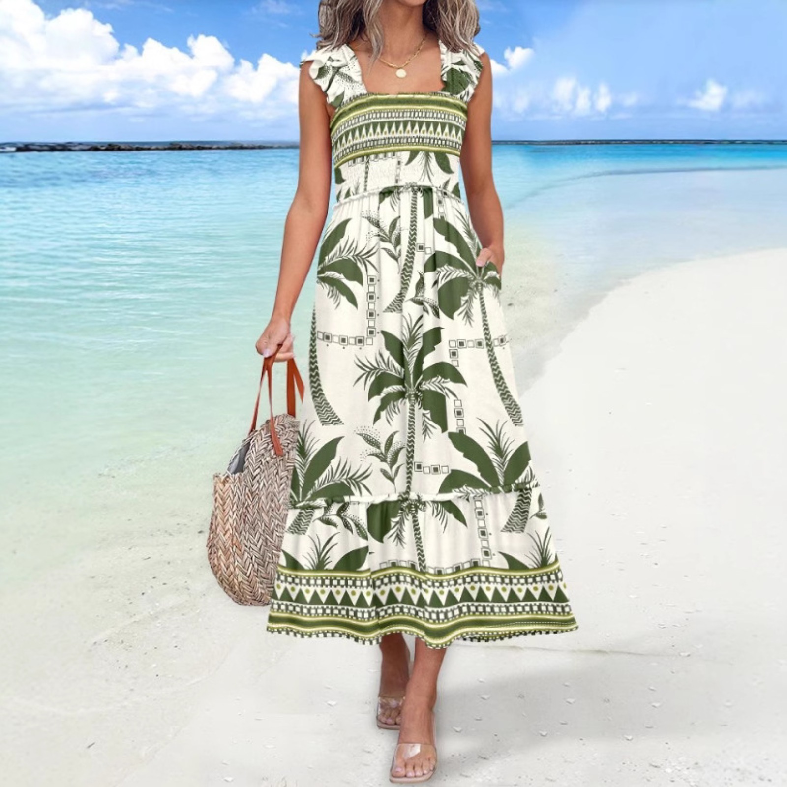 Women's Square Neck Floral Sundress Adjustable Spaghetti Strap Ruffled Hem Beach Dress Lightweight Vacation Outfit Summer Dress