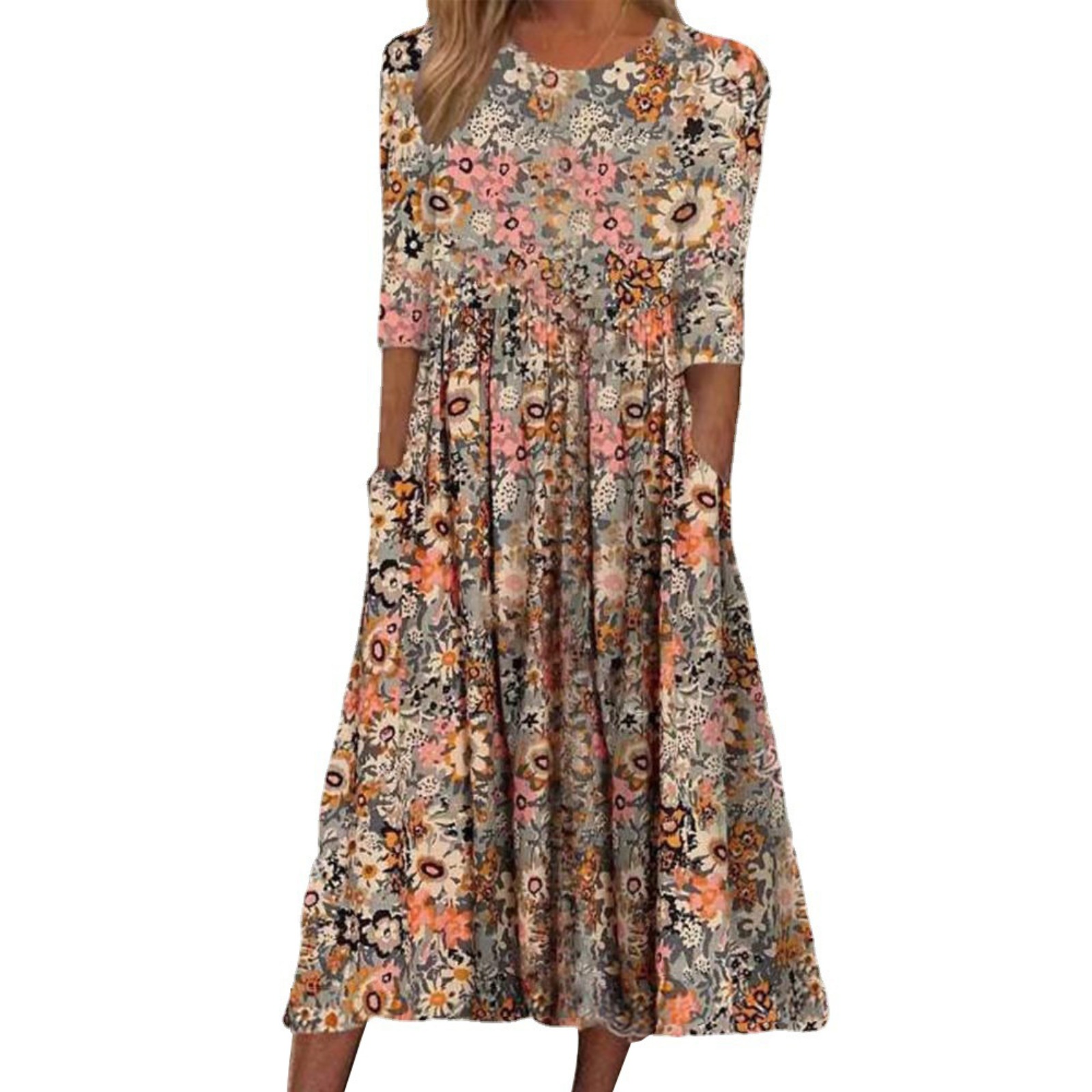 Women's Floral Print Round Neck Dress 3/4 Sleeve Loose Fit Pocket Tunic Polyester Fall Winter Casual Shift Dress Mid-Length