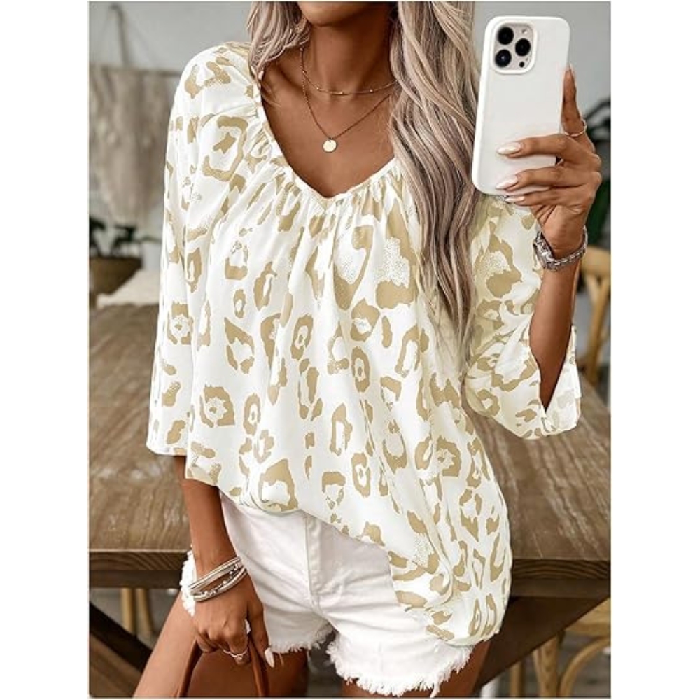 Women's Summer Leopard Print Blouse V Neck 3/4 Sleeve Ruched Shirts Tops Boho Satin Shirts Dressy Lightweight Loose Fit Tunic Shirt Business Chic Work Casual Essential