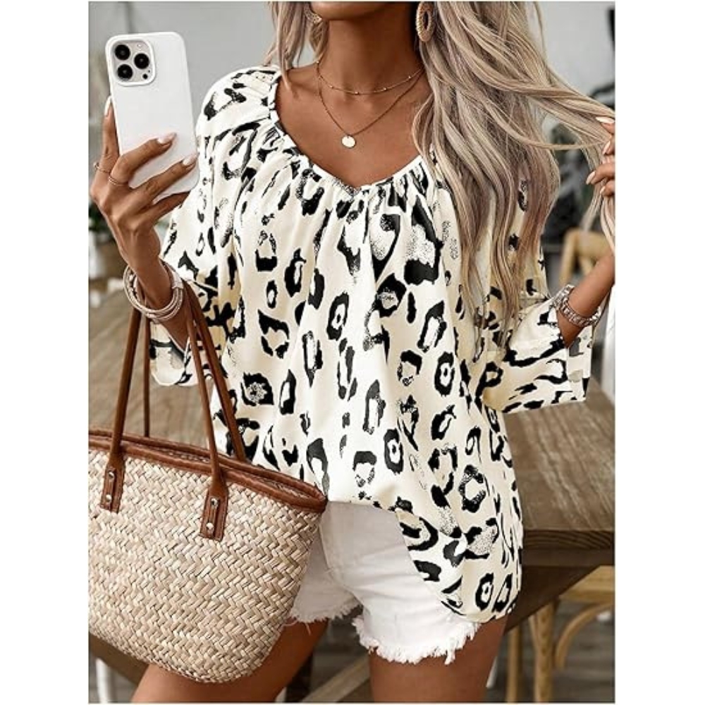 2024欧美跨境春夏女装气质通勤上衣卡其豹纹大V领缩褶七分袖衬衫