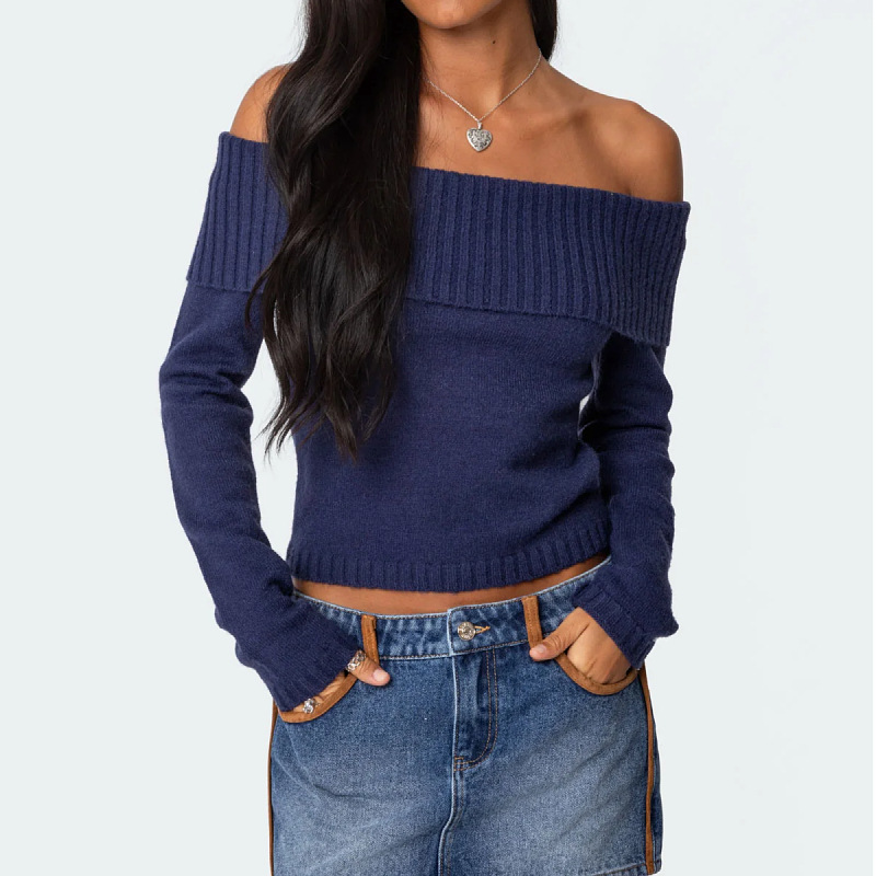 Women's Solid Color Off-the-Shoulder Long-Sleeve Knit Pullover Sweater Elegant Sweater Top