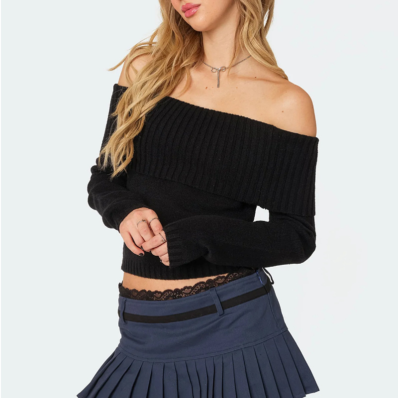 Women's Solid Color Off-the-Shoulder Long-Sleeve Knit Pullover Sweater Elegant Sweater Top