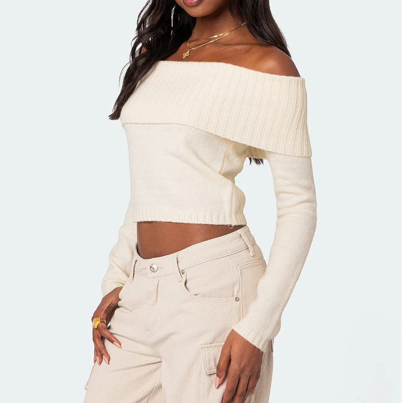 Women's Solid Color Off-the-Shoulder Long-Sleeve Knit Pullover Sweater Elegant Sweater Top