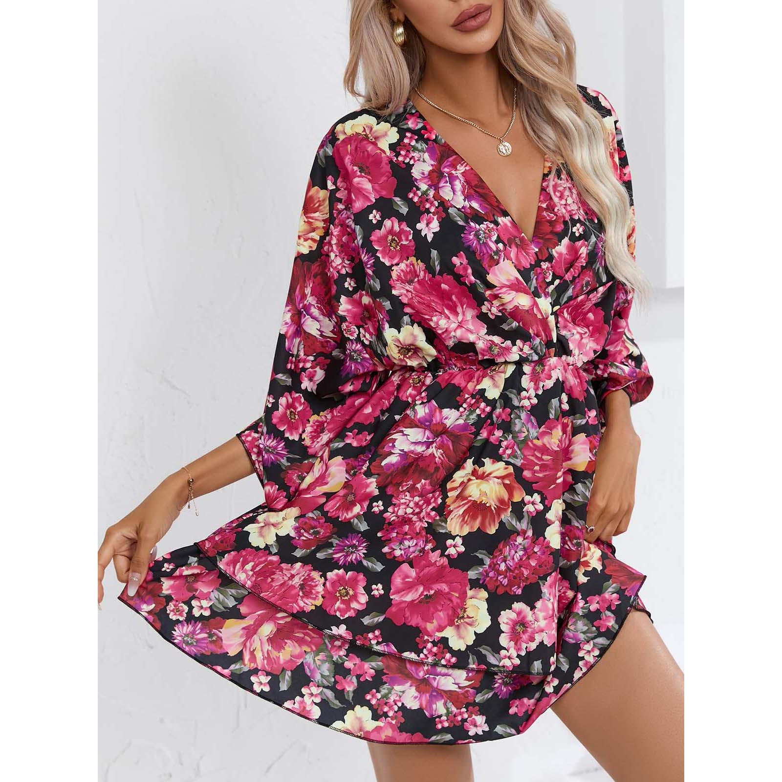 Women's V-Neck Floral Print Dress 3/4 Sleeve A-Line Midi Dress Tied Waist Casual Summer Sundress Lightweight Polyester Outfit