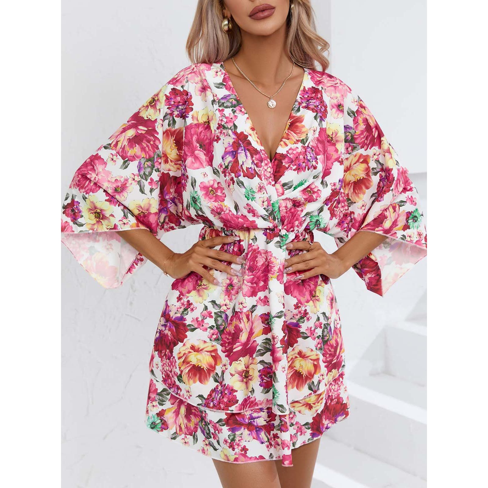 Women's V-Neck Floral Print Dress 3/4 Sleeve A-Line Midi Dress Tied Waist Casual Summer Sundress Lightweight Polyester Outfit