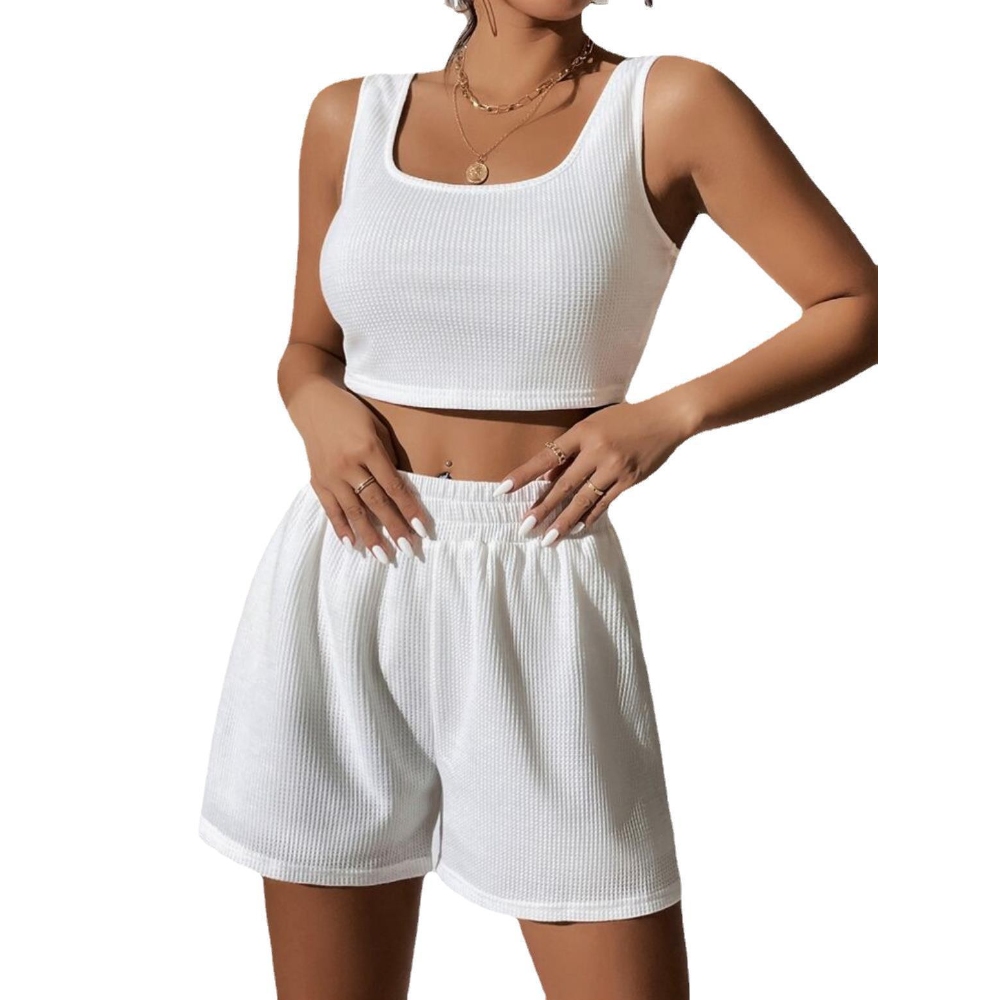 Women's Summer Ribbed 2 Piece Sets Solid Color Sleeveless Crop Tank Top & High Waisted Shorts Lounge Two Piece Outfits Teen Matching Pajama Set Sleepwear Loungewear