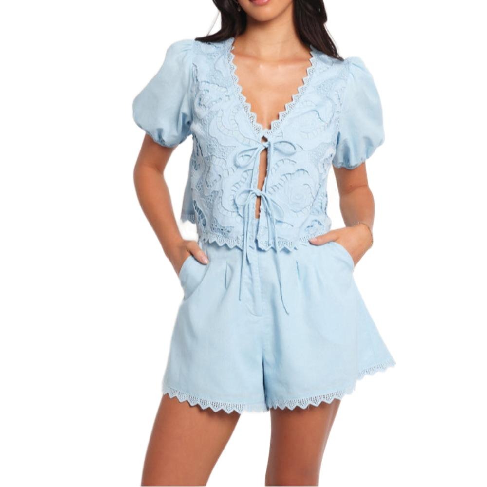 Women's Blue Cute Top and Shorts Two-piece Cool and Comfortable Casual Set with Pockets