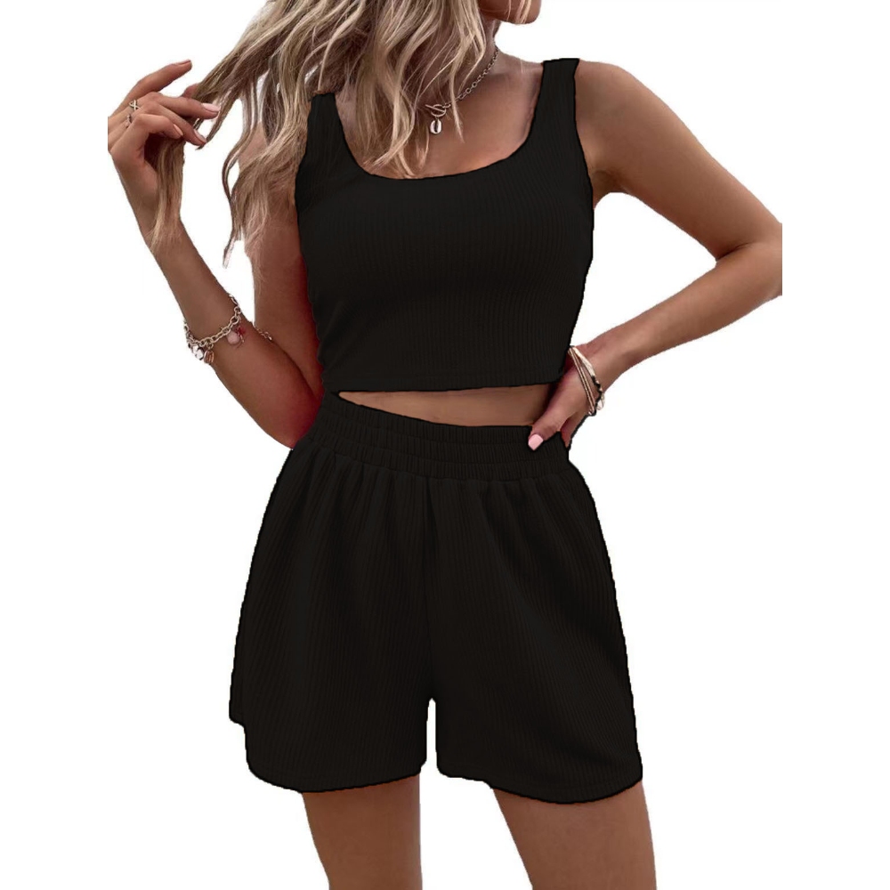 Women's Summer Ribbed 2 Piece Sets Solid Color Sleeveless Crop Tank Top & High Waisted Shorts Lounge Two Piece Outfits Teen Matching Pajama Set Sleepwear Loungewear