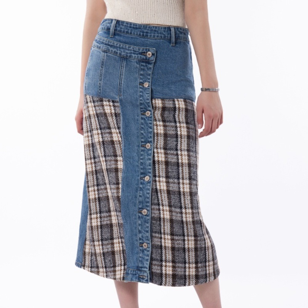 Women's High-Waisted Patchwork Plaid Denim Skirt Slimming Stylish Half Skirt