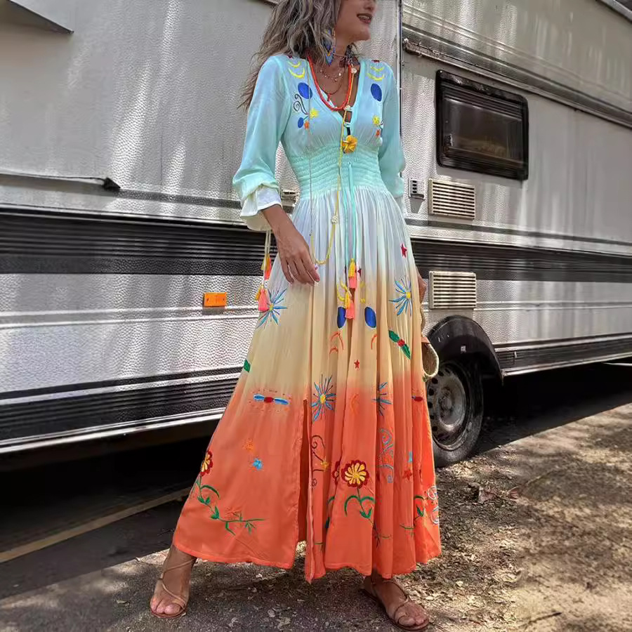 Women's V-Neck Printed Tie-Waist Gradient Long-Sleeve Dress Stylish Flowy Maxi/Midi Dress