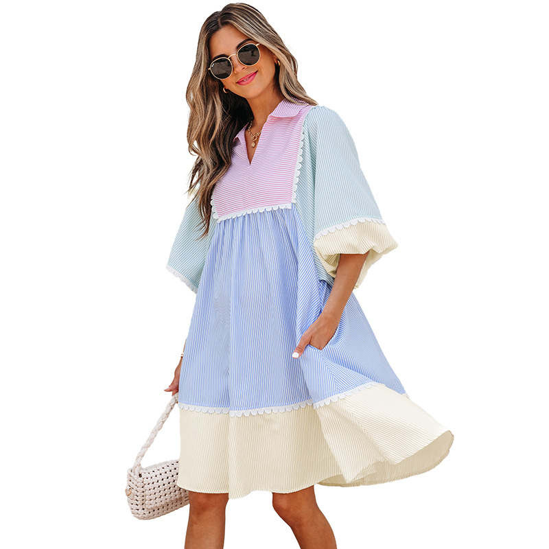 Women's Summer Striped Patchwork V-Neck Knee-Length Dress Color-Block Short Dress