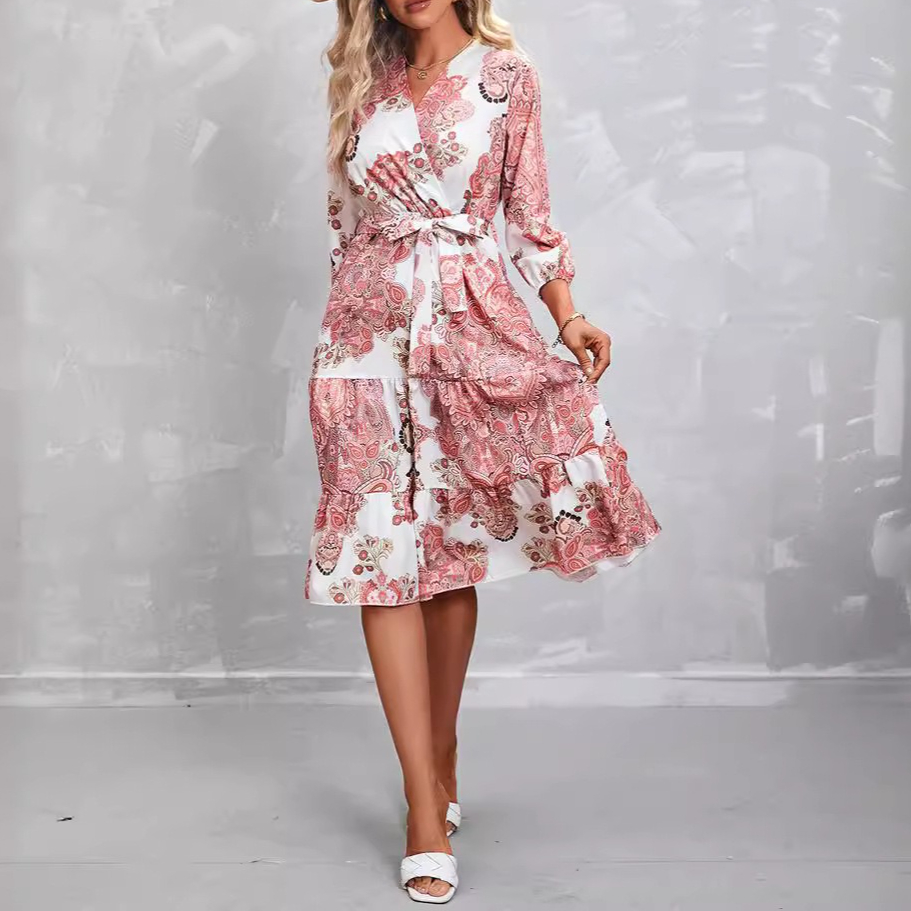 Women's Printed 3/4 Sleeve Wrap Dress V-Neck Tie Waist Office Casual Summer Dress Lightweight Polyester Floral Work Dress