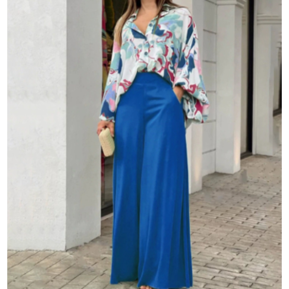 Womens 2 Piece Boho Outfit Casual Oversized Button Down Shirt Wide Leg Pants Lounge Sets Summer Streetwear 2024