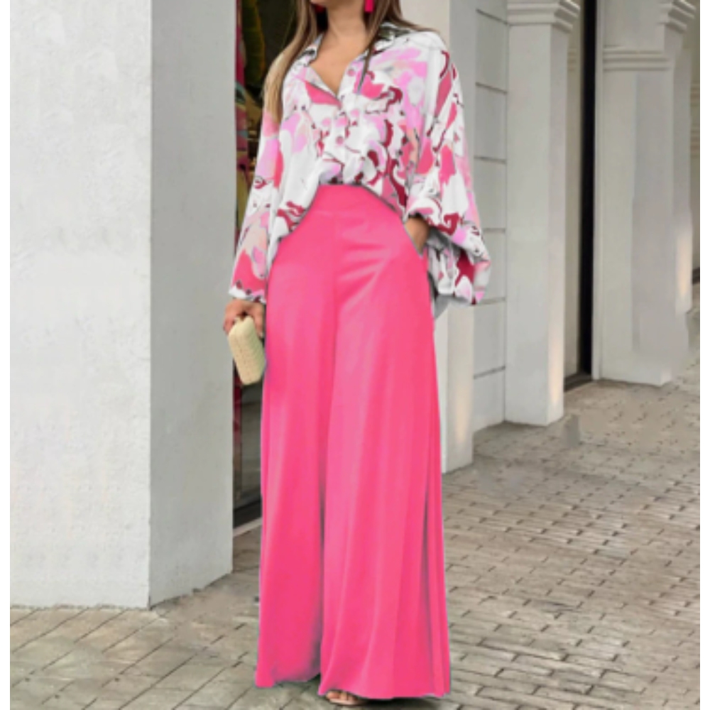 Womens 2 Piece Boho Outfit Casual Oversized Button Down Shirt Wide Leg Pants Lounge Sets Summer Streetwear 2024