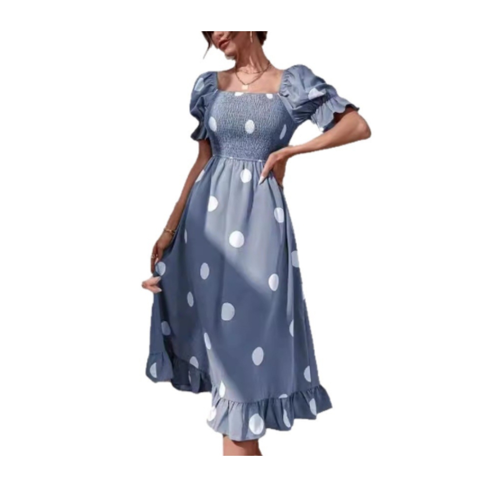 Women's Vintage Polka Dot Puff Sleeve Smocked Dress Ruffle Hem A-Line Beach Party Midi Long Dress